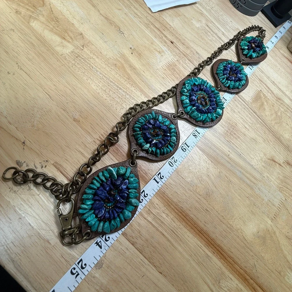 Chico's Stone Medallion Chain Belt Turquoise Purple Boho Western Statement - Picture 3 of 15